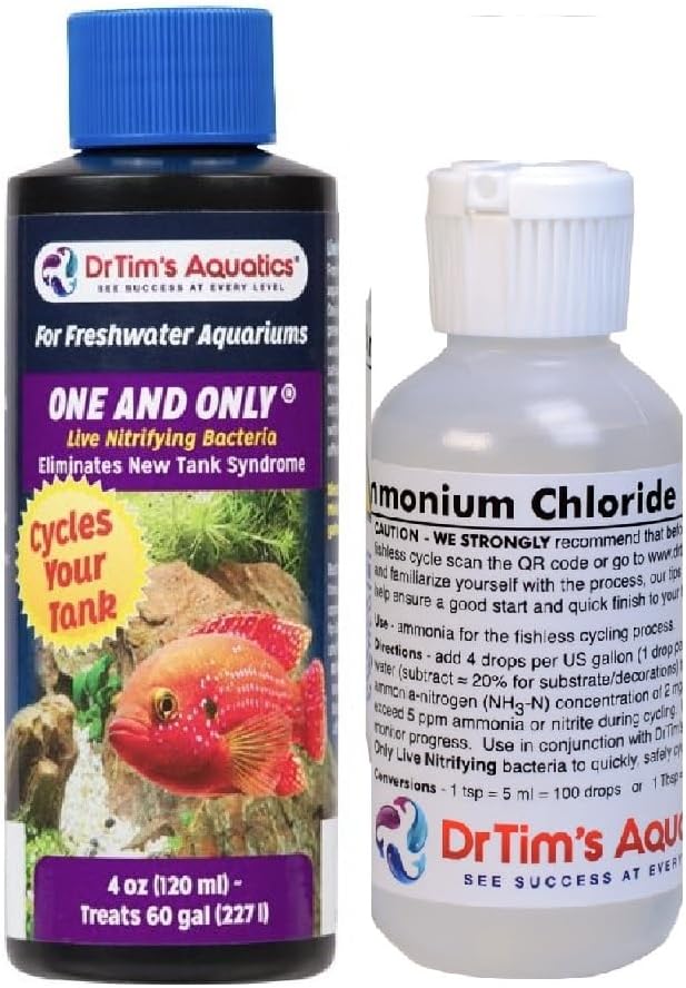 Dr Tim’s Aquatics Ammonium Chloride Solution and One & Only Live Nitrifying Bacteria Aquarium Cycle Start Up Bundle for Freshwater (2oz Ammonium + 4oz One Only for 60 Gallon Tank)
