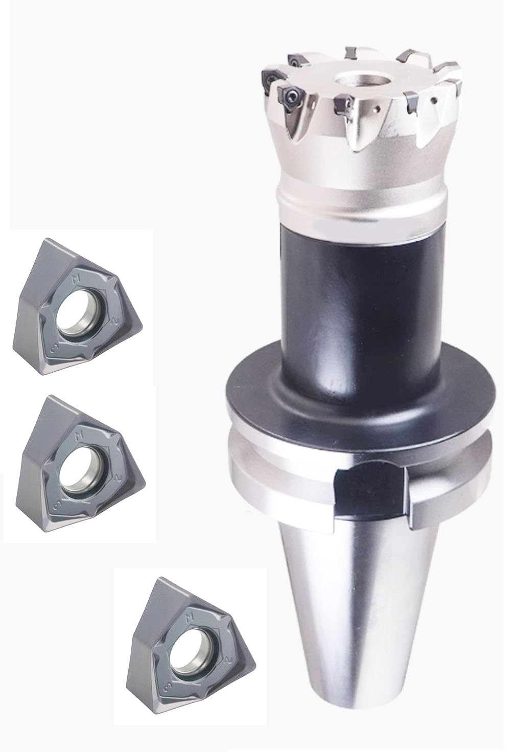 Fast Forward to The milling Cutter Set, BT50-FMB22-60+MFWN04-63-22-9T， Milling Diameter 63mm, 9-Blade, Installation Inner Hole 22mm. Comes with 30pcs milling Inserts WNMU040304-GM