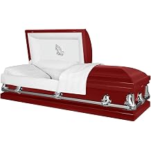 Titan Casket Orion Panel Collection Handcrafted Funeral Casket - Red with White Interior & Praying Hands Head Panel-Premium Metal Adult Casket, Coffin with Adjustable Bed