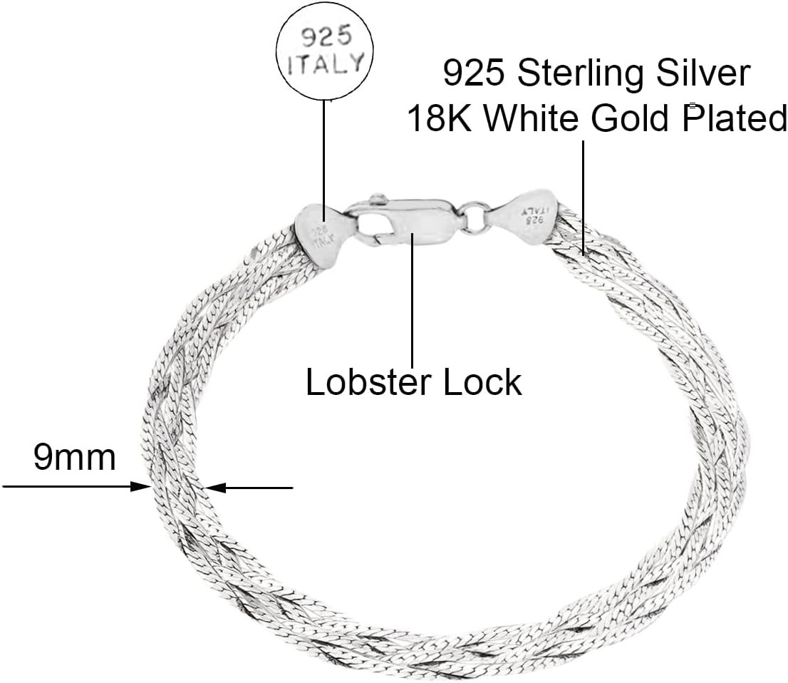 Savlano 925 Sterling Silver 9MM Braided Herringbone Chain Bracelet - 18K Gold Plated 7.5 Inch 6-Strand Herringbone Bracelet for Women - Made in Italy Comes Gift Box - Image 3