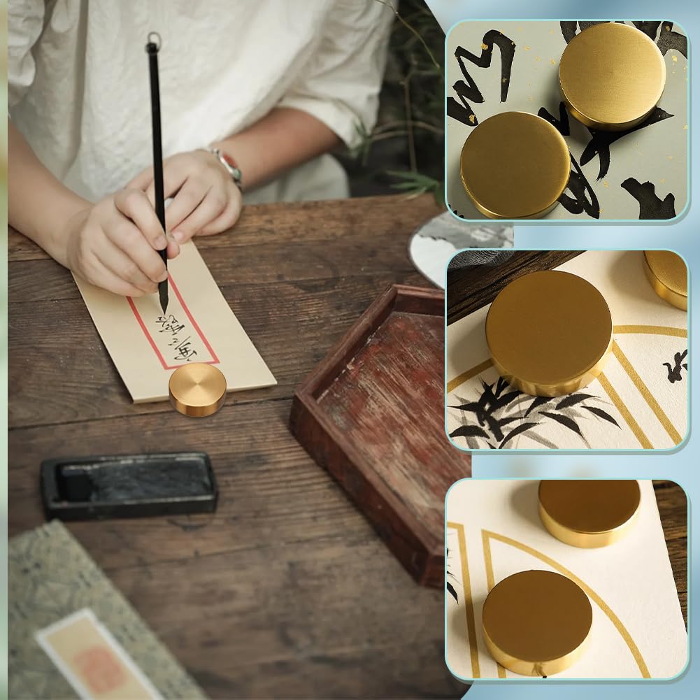 PH PandaHall Fermacarte A Blocco Rotondo, Fermacarte Calligrafia Cinese Fermacarte In Ottone Dorato con Carta Piatta per Ufficio Domestico Desktop, 5x1.5 centimetro / 1.96x0.59inch