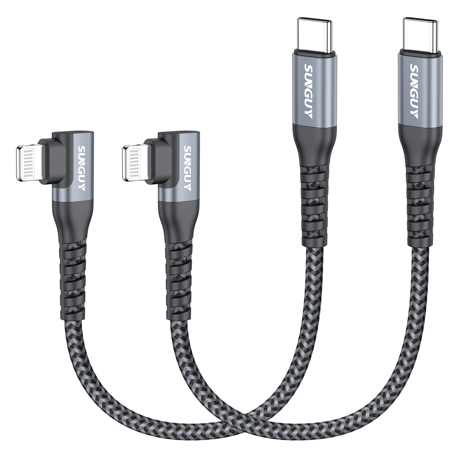 SUNGUY Cable iPhone USB C Coudé 90 Degrés 0.15M 2 pièces, Cable USB C vers Lightning Chargeur Rapide Power Tressé Compatible avec iPhone 14/13/12/11 Pro Max Mini X XS XR Plus SE