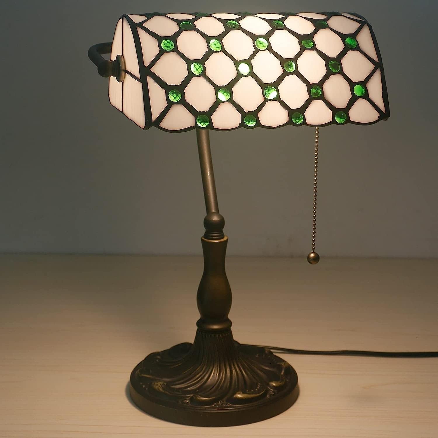 Bankiers Tischlampe, farbige Glaslampe, Kristallperlenschreibtischlampe, Schlafzimmer in der Nacht Leselampe (weiße grüne Glasperlen Schatten) Innovate
