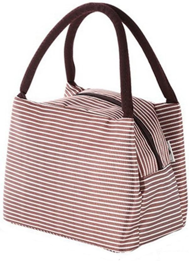 Lunch Bags HIWO Waterproof Canvas Reusable Fashion Bag With Zipper (Brown Stripes)