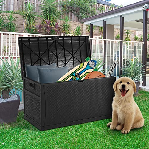 Suncrown 120 Gallon Outdoor Storage Box Waterproof Resin Storage Bench Deck Box With Handles For Patio Furniture Cushions, Toys And Garden Tools, Black #TOP6