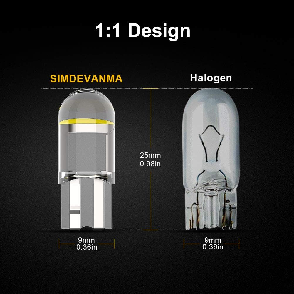 Simdevanma 194 LED Bulb Interior Light - 1:1 Halogen Bulb Design 168 T10 W5W For Car License Plate Dome Map Door Courtesy Side Marker Parking Replacement White Light - Pack of 10