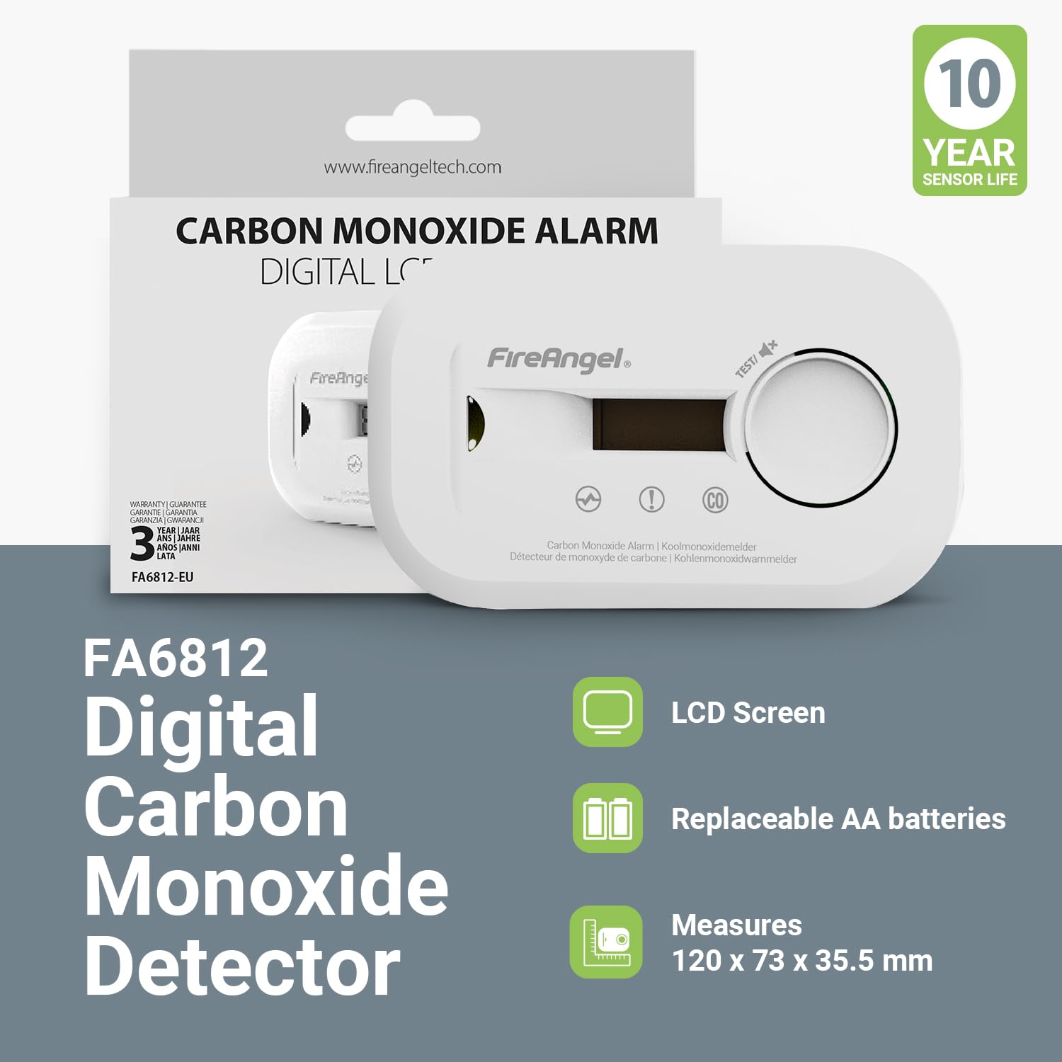FireAngel FA6812 Digital Carbon Monoxide Detector with LCD Screen, 10-Year CO Alarm Sensor - Image 3