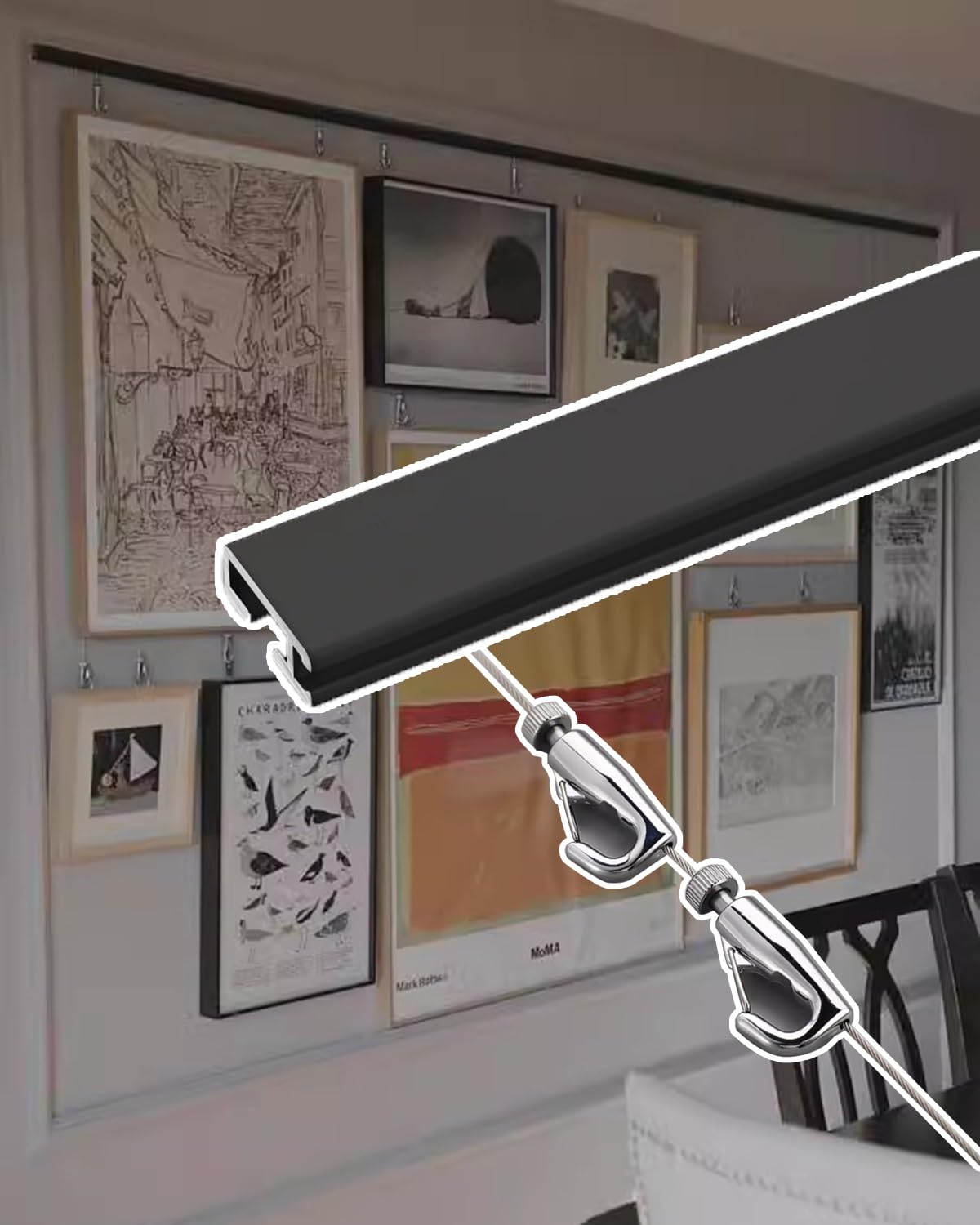 Verstellbare Bilderhaken und Nägel für Gipswände – Diskretes Schienensystem zur Kunstpräsentation für Fotogalerien, gerahmte Halter, 44-Zoll-Schiene mit 8,2-Fuß-Kabel – Perfekter Wand-Organi
