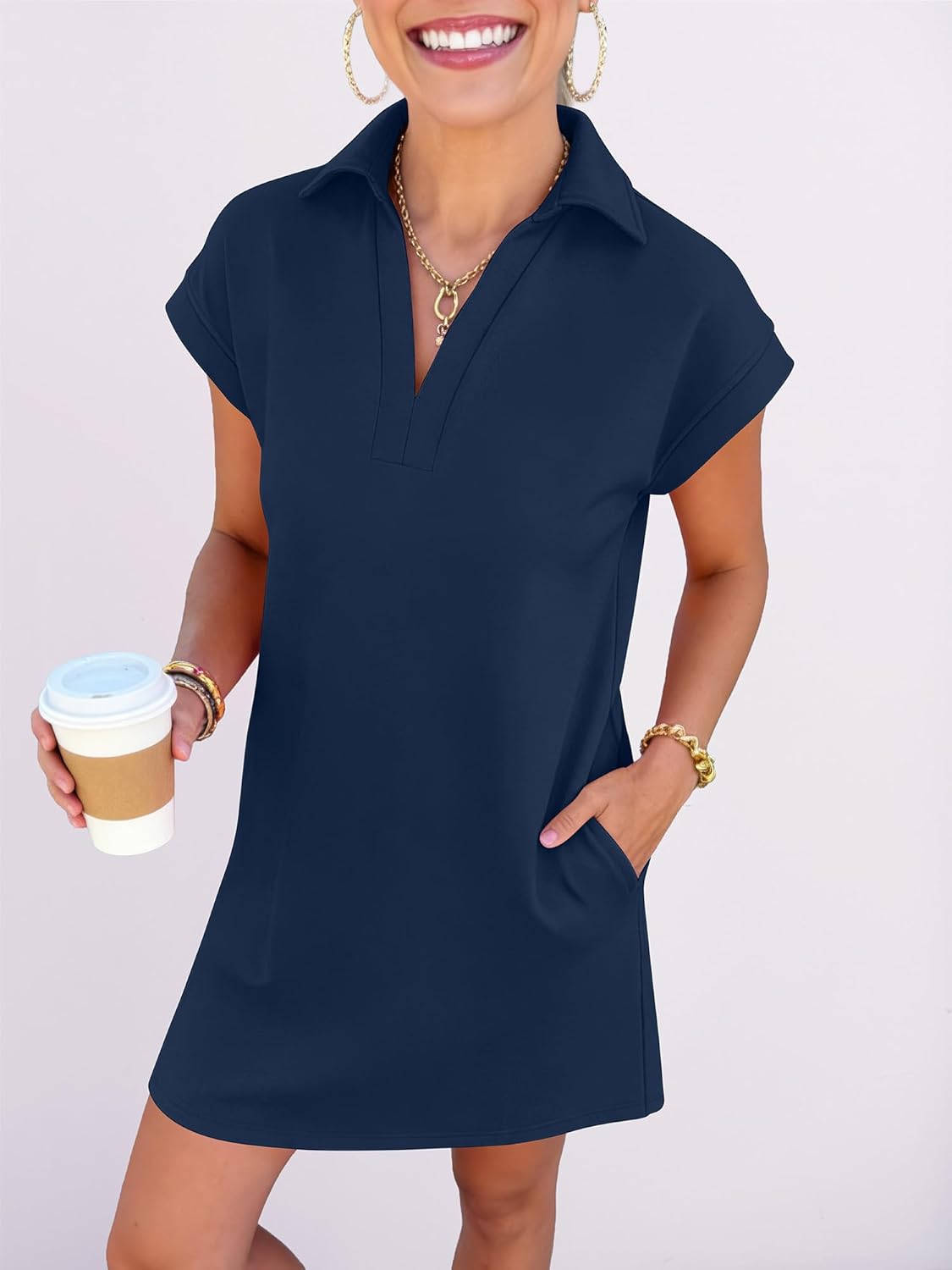 ANRABESS Women's 2026 Summer Collared V Neck Tshirt Dress Casual Cap Sleeve Spring Mini Vacation Dresses with Pockets - Image 2