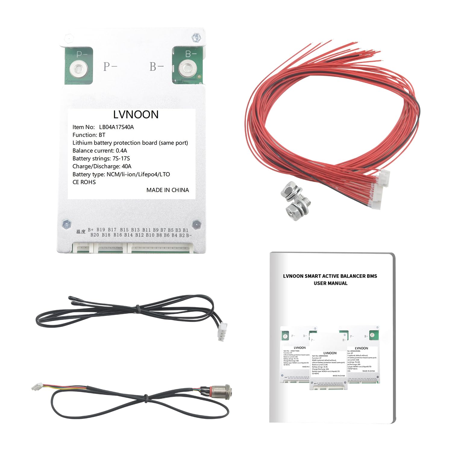 LVNOON LB04A Series Smart Active Balance BMS for NCM LIFEPO4 LTO 16S 17S 40A 48V with APP Control (LB04A Series, LB04A17S40A)