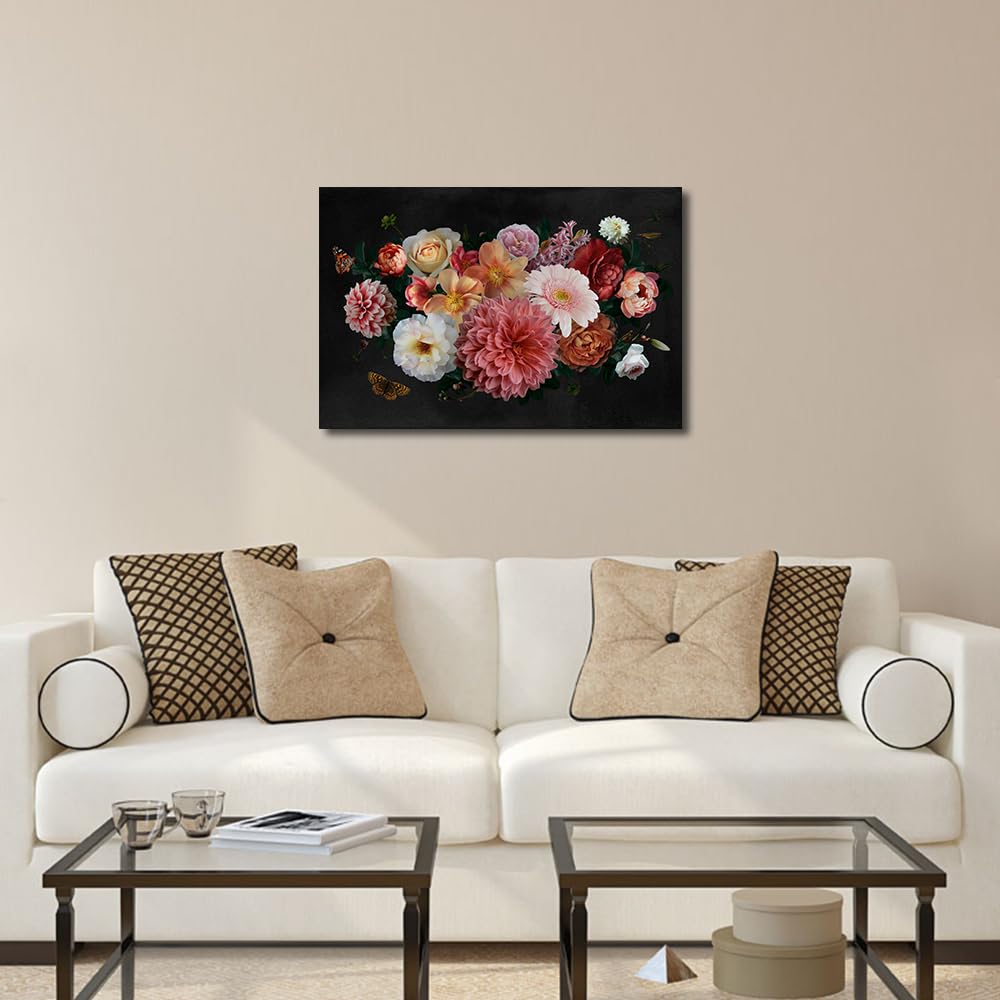 TISHIRON Canvas Wall Art Luxurious Luxurious Baroque Painting Garden Flowers Pink and White Peonies Artwork Print for Bedroom Kitchen Living Room Home Decor Framed Ready to Hang (40 x 60cm) - Image 3
