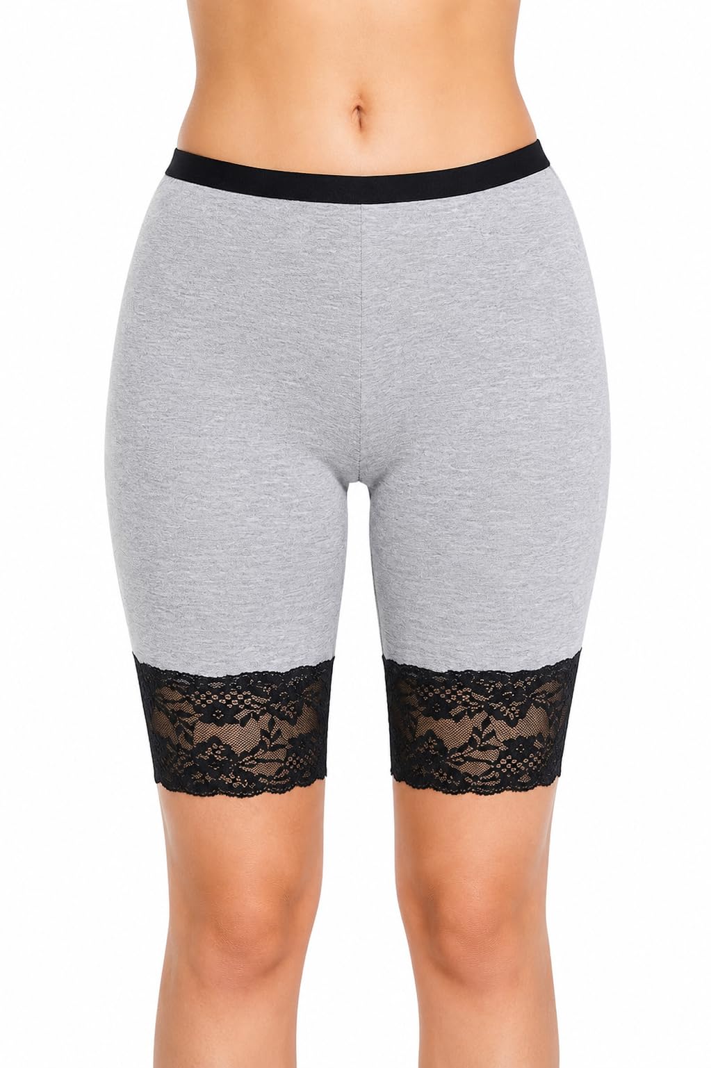Women Cotton Lace Trim Anti Chafing Mid Thigh Shorts Grey-image-48