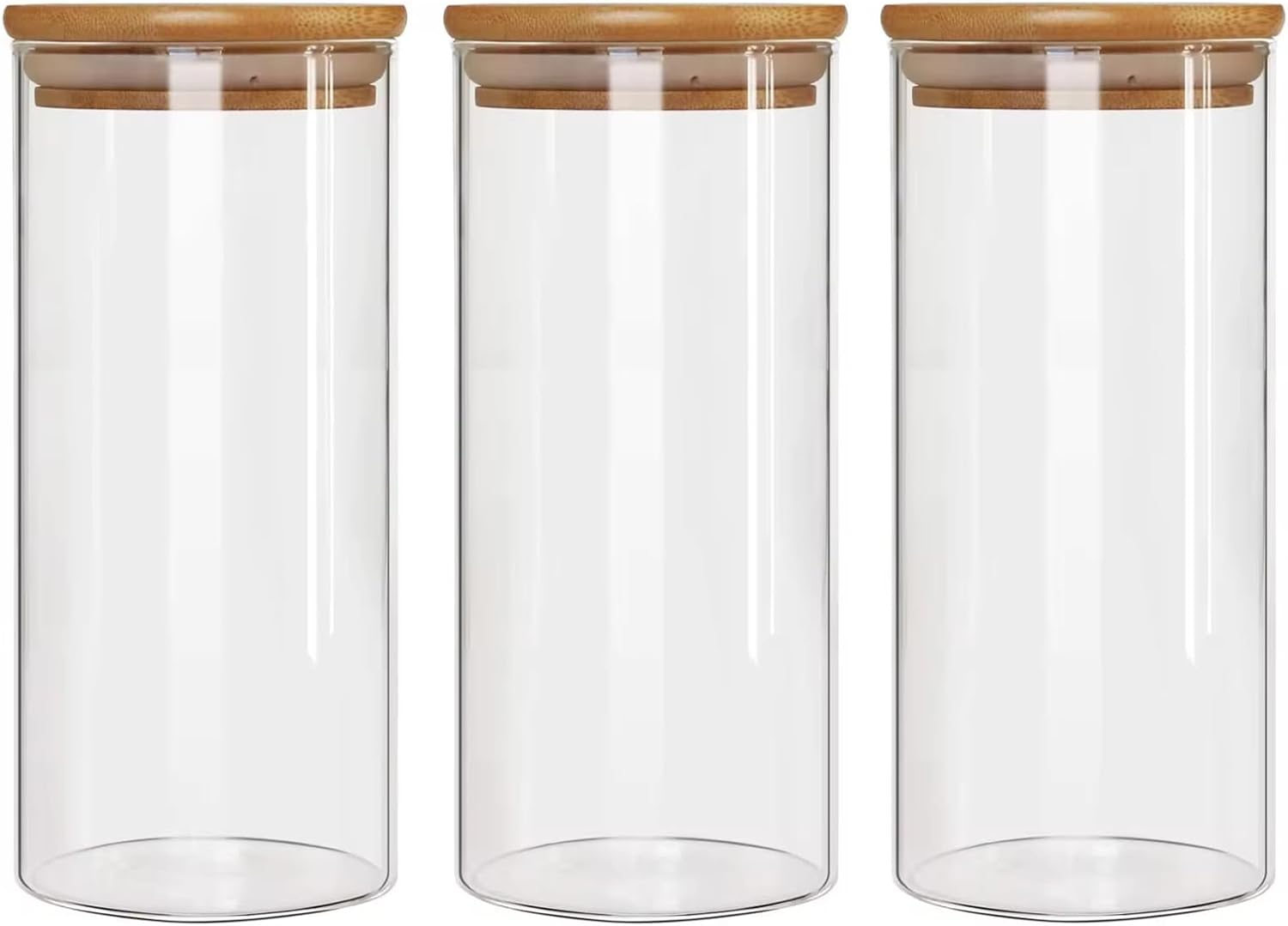 44oz Pasta Glass Storage Jars with Lids, Clear Glass Jars with Bamboo Lids, Kitchen Storage Container Jar, Airtight Kitchen Food Canisters for, Sugar, Oats, Cereal, Biscuit Jar Set of 3