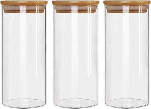 44oz Pasta Glass Storage Jars with Lids, Clear Glass Jars with Bamboo Lids, Kitchen Storage Container Jar, Airtight Kitchen Food Canisters for, Sugar, Oats, Cereal, Biscuit Jar Set of 3