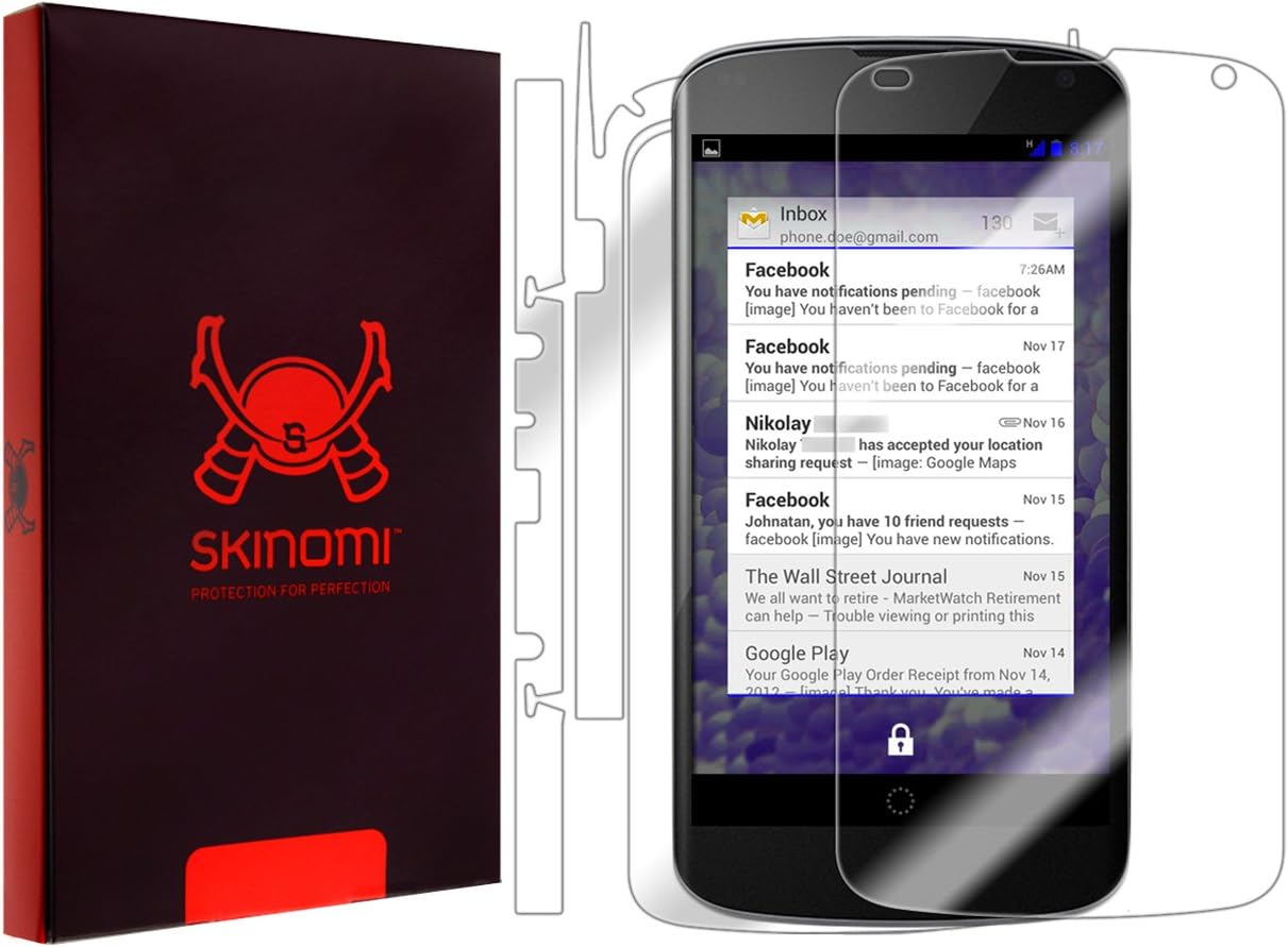 Skinomi Full Body Skin Protector Compatible with Google Nexus 4 (Screen Protector + Back Cover) TechSkin Full Coverage Clear HD Film
