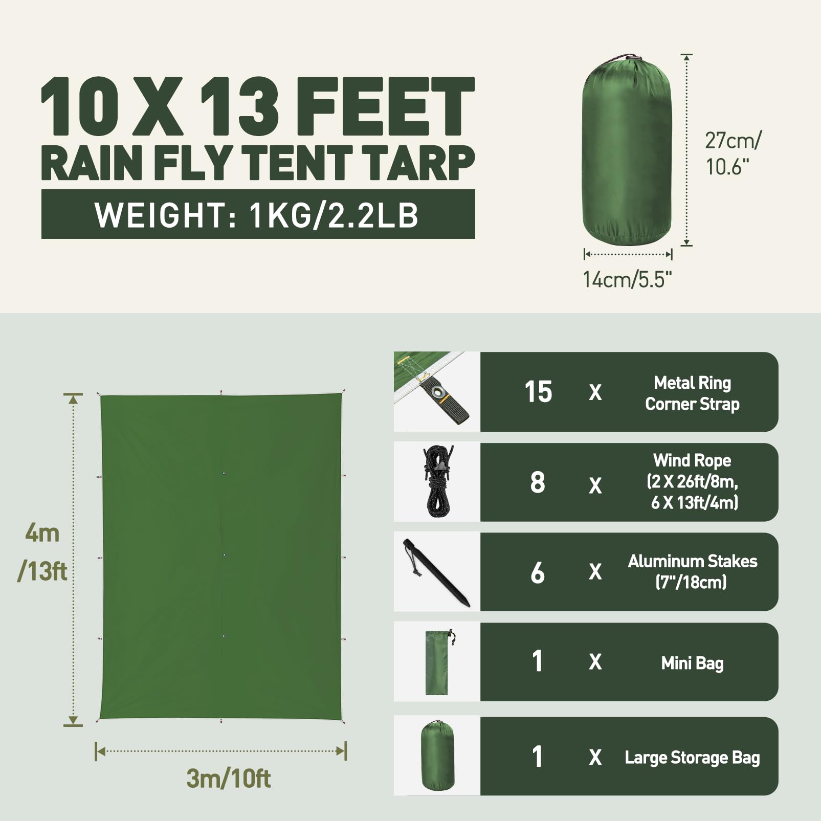 Tarp Campeggio 3x4M, Ultra Leggero Telo Antipioggia Impermeabile, Protezione UV, con 8 Corde Vento e 6 Chiodi in Alluminio, Ultra Antistrappo, per Escursione Picnic All'aperto