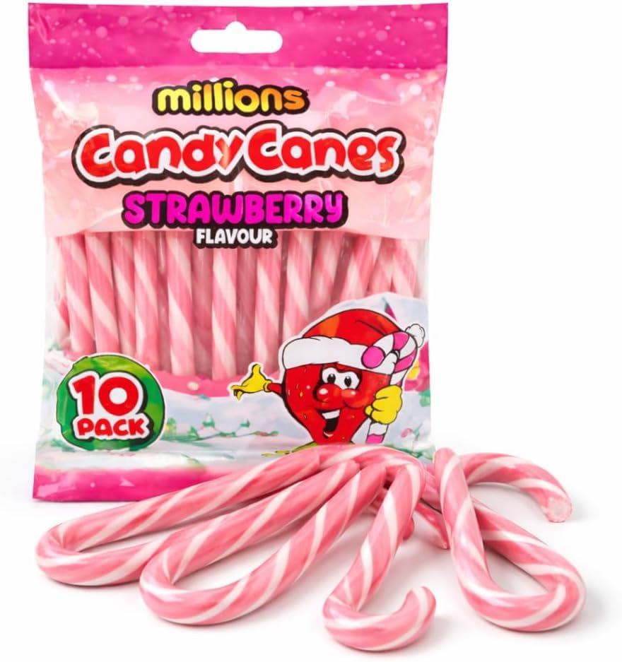 Millions Candy Canes Fraise 10 Pack – Sucres d’Orge Strawberry Flavour – Bonbons de Noël Rose & Blanc – Décoration Sapin, Cadeaux, Chocolat Chaud,...