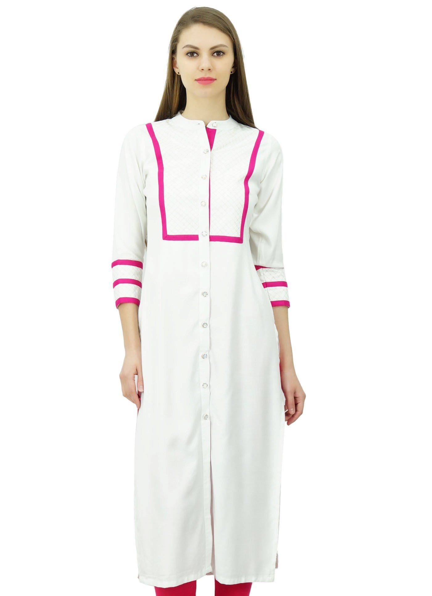 Phagun Womens Rayon Straight Tunic Kurta Open Front Kurti Mandarin Collar Indian Top White