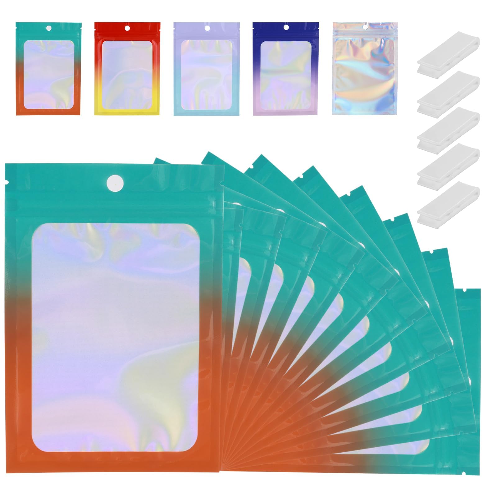 200 Pcs Mylar Bags for Food Storage 5x8 Mylar Bag with Window Blue Orange Resealable Bags for Small Business Bulk Smell Proof Bag Freeze Dried Candy