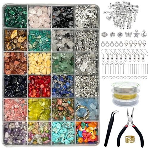 Juego de 24 colores para hacer joyas, 1073 cuentas de piedras preciosas naturales con agujero, cuentas de piedra de 5 a 7 mm para manualidades, joyas, pulseras, collares y pendientes, juego de cuentas