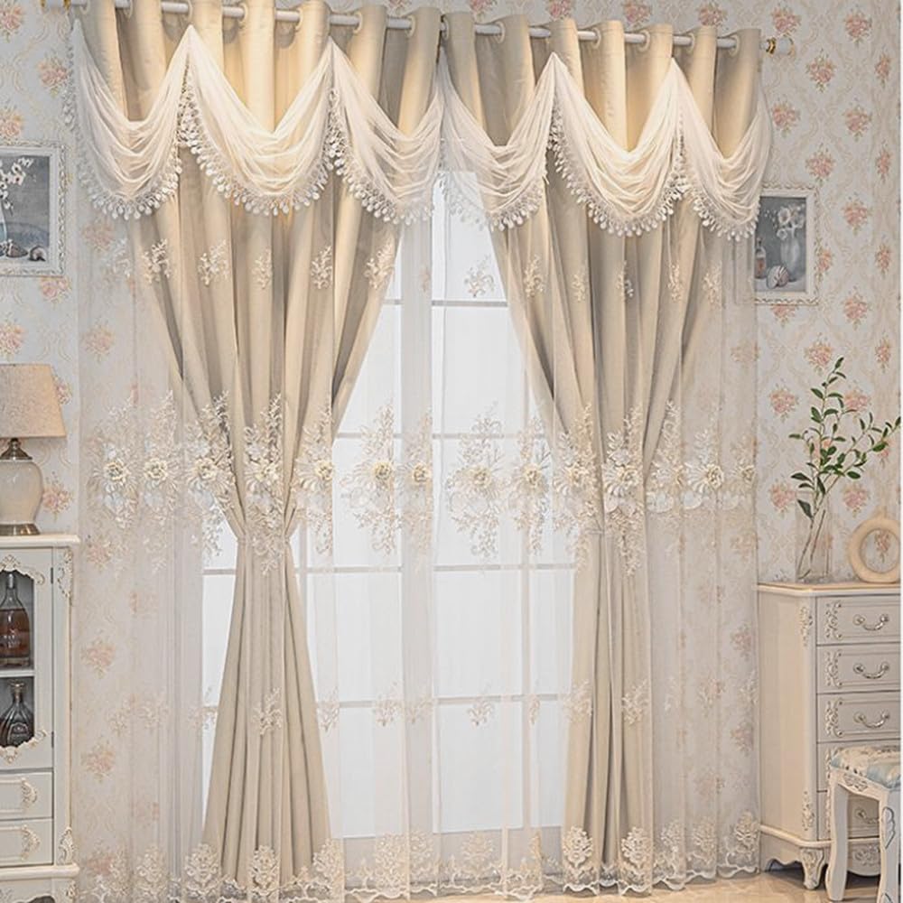 Amidoudou Paire de rideaux européens de luxe avec cantonnière ondulée pour salon, chambre à coucher - Double couche - Beige - 168 x 243 cm