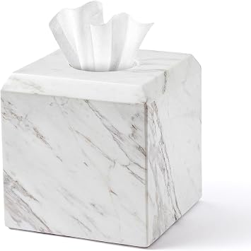 Tissue Box Cover Italy Natural Marble Heavy Duty Square Jazz White | 14x14x14cm,Facial Toilet Paper Holder for Bathroom Living Room Bedroom Dresser Kitchen Minimalistic Office Home Decor WH014