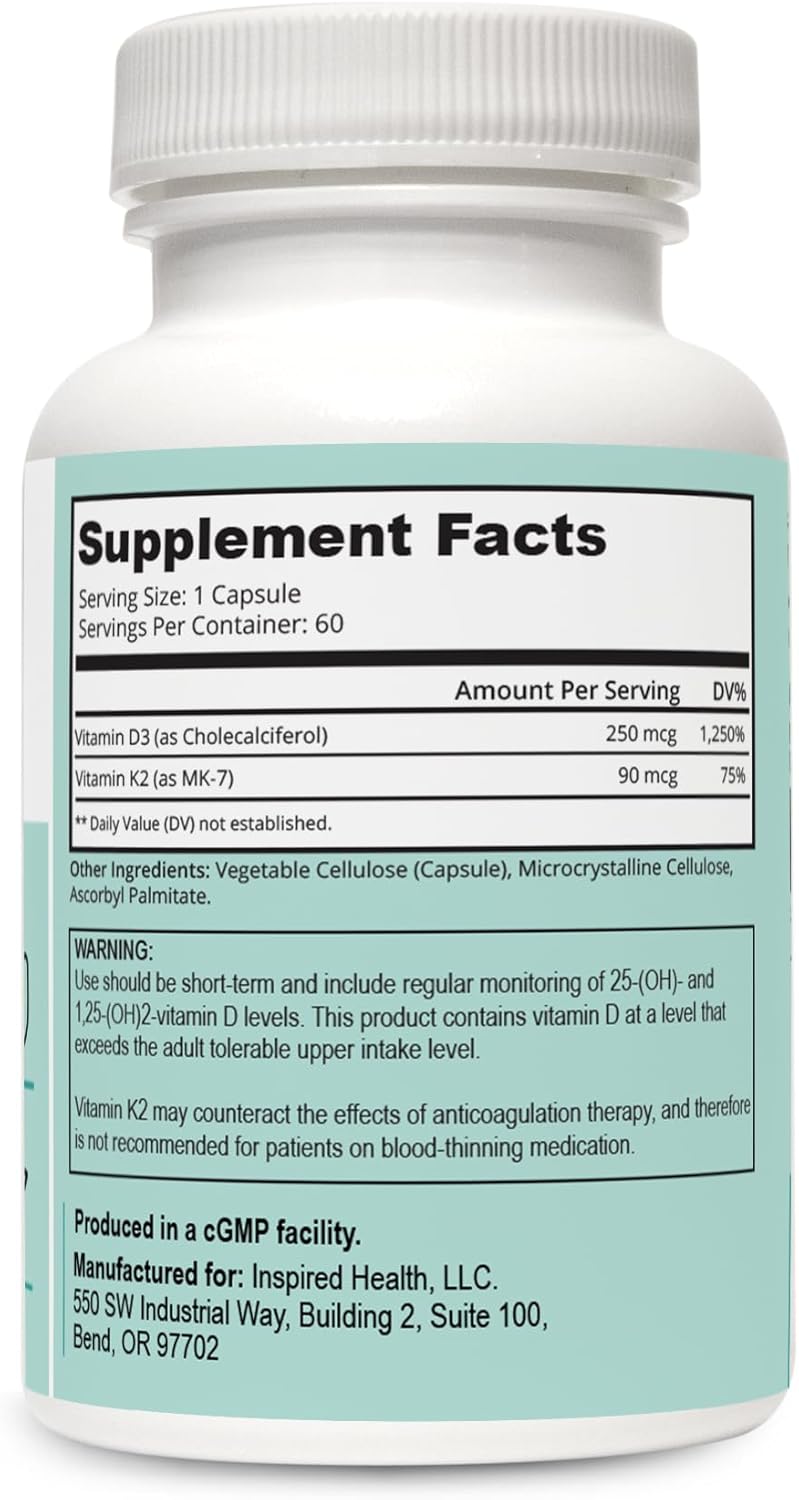 LUMINSPIRED HEALTH Vitamin D3 K2 10000 IU (250 mcg), High Potency Dietary Gluten Free Vitamin Supplements for Healthy Bones, Muscles, Immune Support & Heart Health, Non-GMO - 60 Counts Vegan Capsules