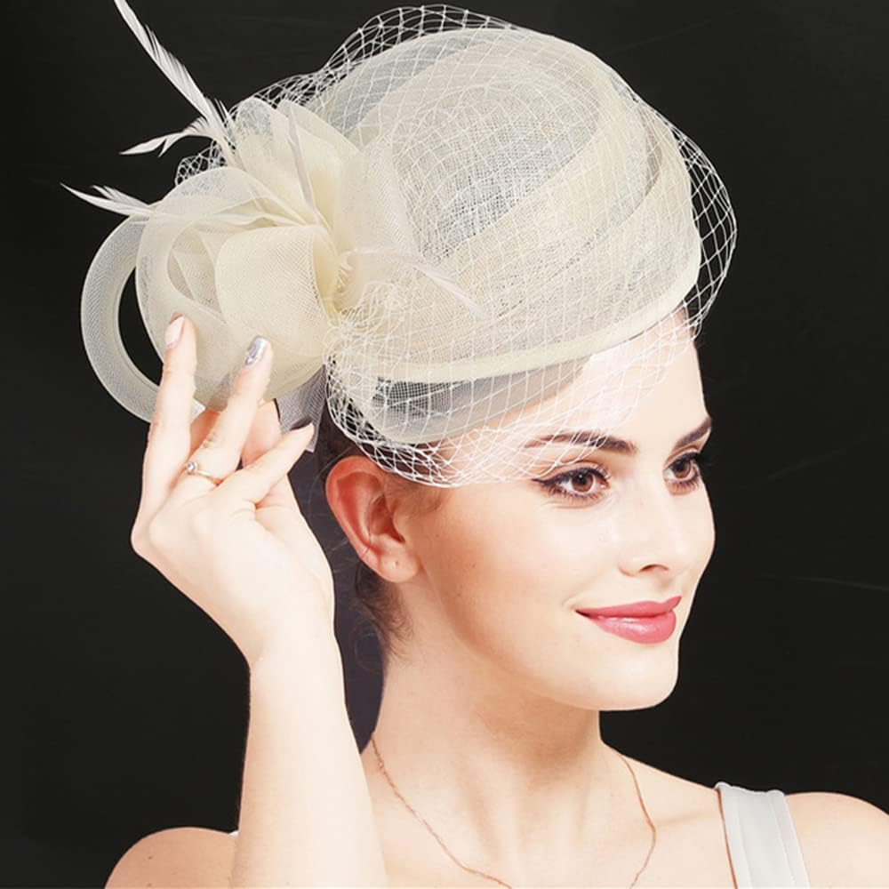 Woman Sinamay Fascinator Hat Pillbox Derby Hats Linen Feather with Veil Vintage Bridal Wedding Tea Party Cap - Image 2