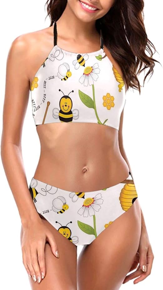 Flying Bees Daisy Honey Printed Women's Bikini Set Halter Two Piece Swimsuit Bathing Suit Swim
