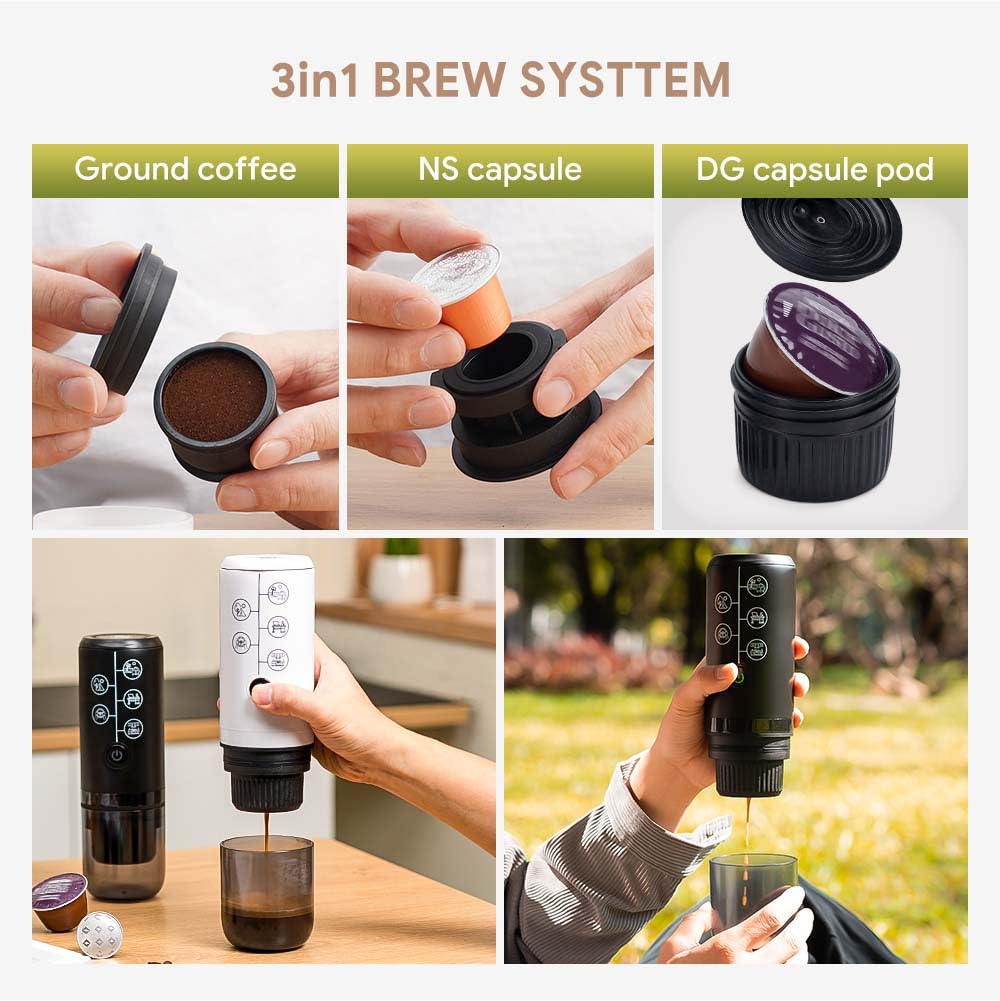 Photo 1 of Portable Espresso Machine Mini 12V Rechargeable 3-in-1 Multi-Function Electric Coffee Machine One Key Extraction Compatible with NS & DG Capsules and Ground Coffee for Office Home (No heating)