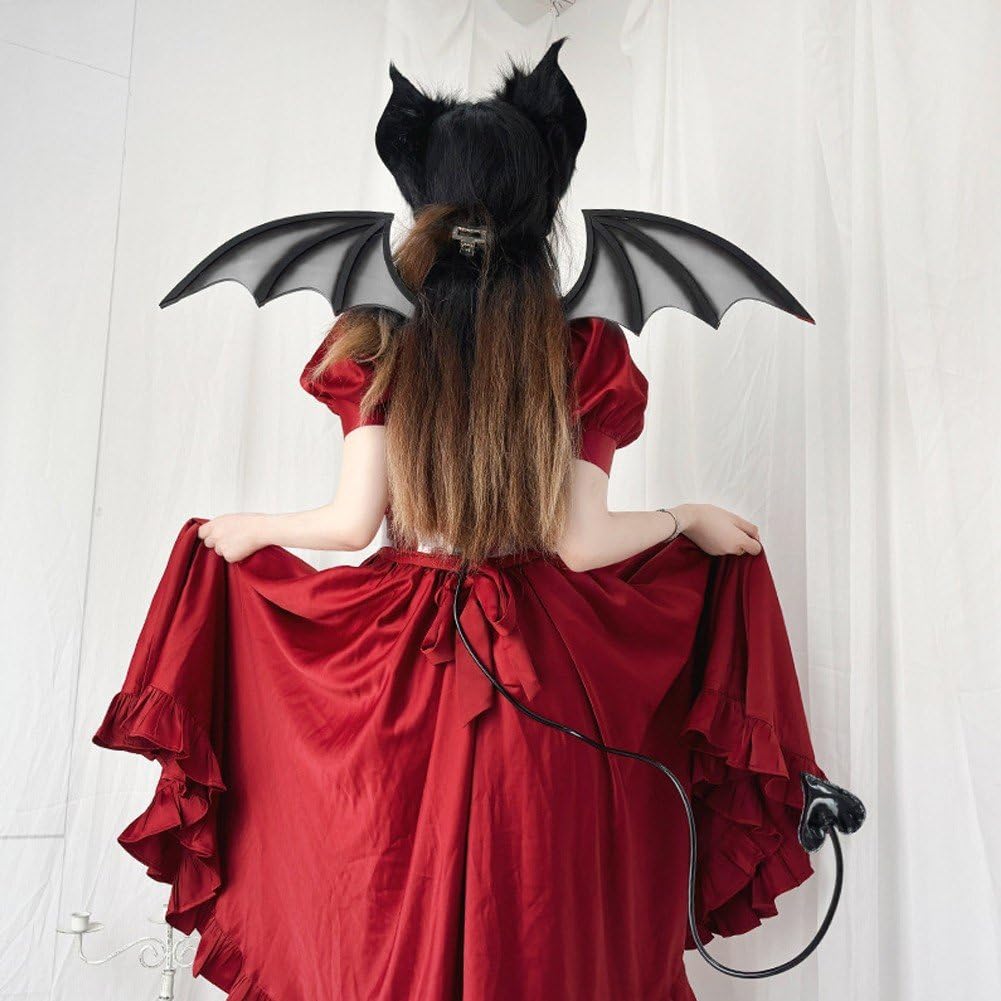 Ulxkmt Halloween Bat Costumes Set with Bat Hairbands Wings Tail Halloween Party Cosplay Costume Props Halloween Carnival Accessories for Women: Black Grey