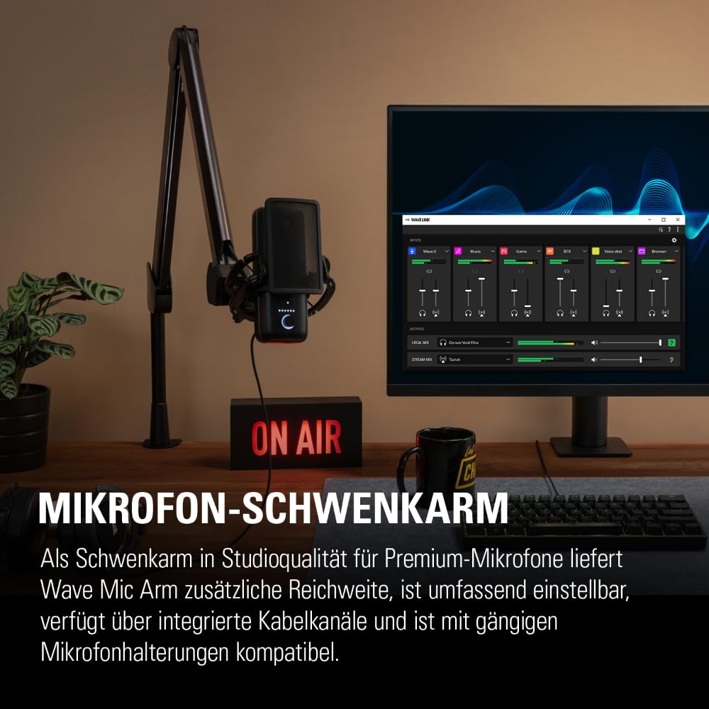 Elgato Wave Mic Arm High Rise, Broadcasting-Boomarm | Kabelkanäle, Tischklemme, 1/4"-Adapter, voll einstellbar, für Podcast, Streaming, Gaming, Home Office