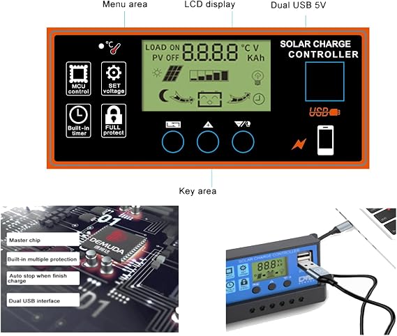60A Solar Charge Controller, 12V/24V, LCD Display, Adjustable Parameter, Timer Setting, USB, Auto Charge Regulator (Black)