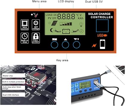60A Solar Charge Controller, 12V/24V, LCD Display, Adjustable Parameter, Timer Setting, USB, Auto Charge Regulator (Black)