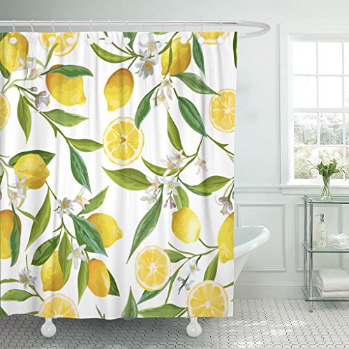 TOMPOP Shower Curtain Green Floral Pattern Lemon Fruits Flowers Leaves Elegant Exotic Waterproof Polyester Fabric Bathroom 72 x 72 inches Set Hooks
