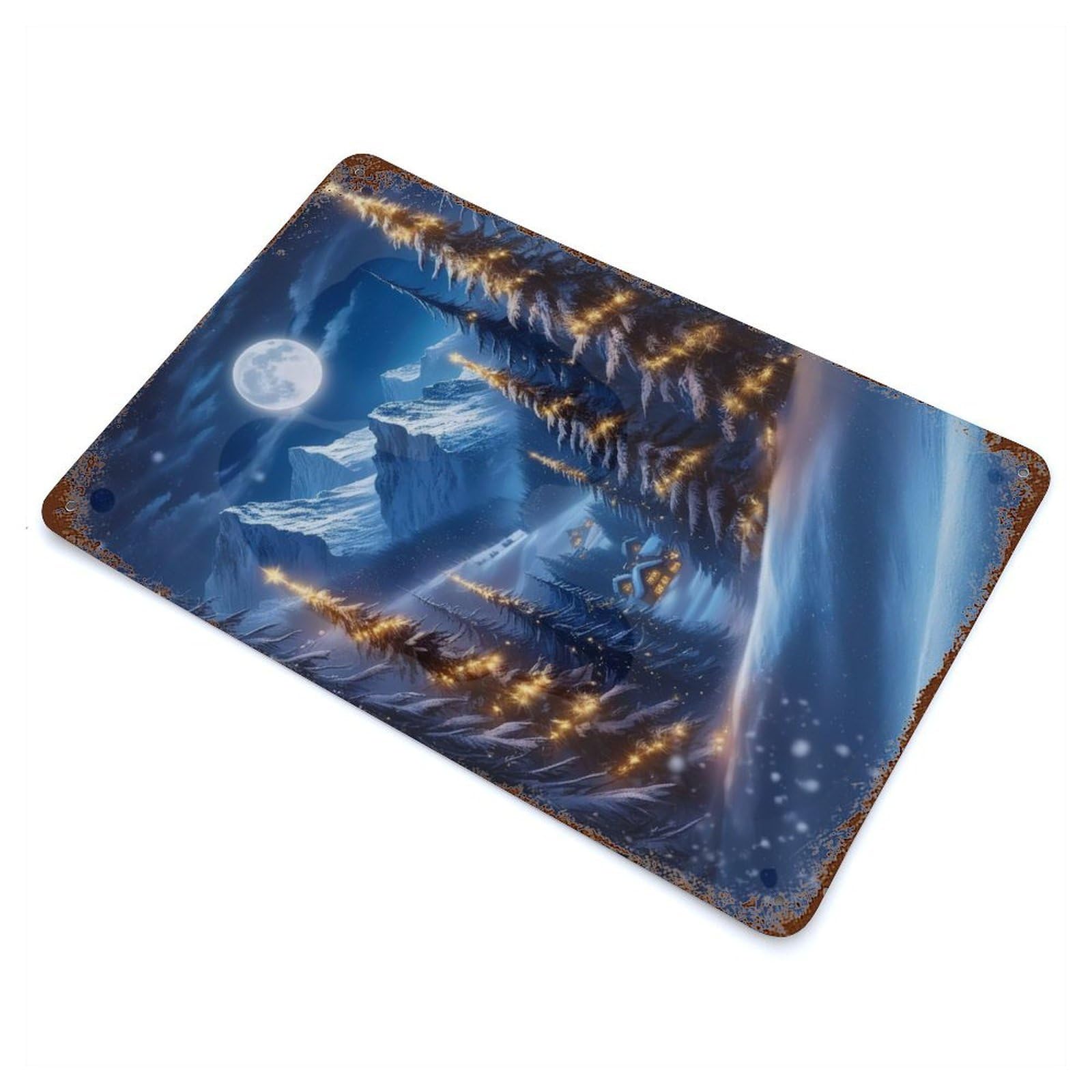 Snowy Christmas Village Aged Metal Wall Plaque 11.8"x7.9", Industrial Home Decor for Pub, Kitchen And Man Cave Decor
