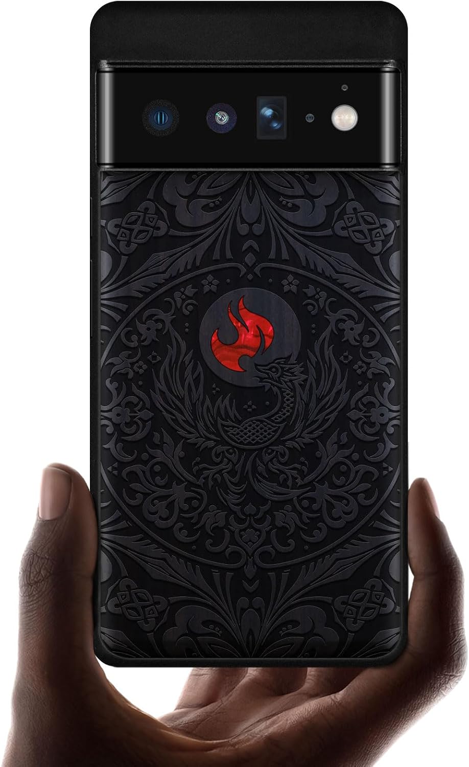 Carveit Designer Wooden Case for Google Pixel 6 Pro Case Cover [Wood Engraving & Shell Inlay] Compatible with Wireless Chargers Pixel 6 Pro (Phoenix in Symmetry-Rosy)
