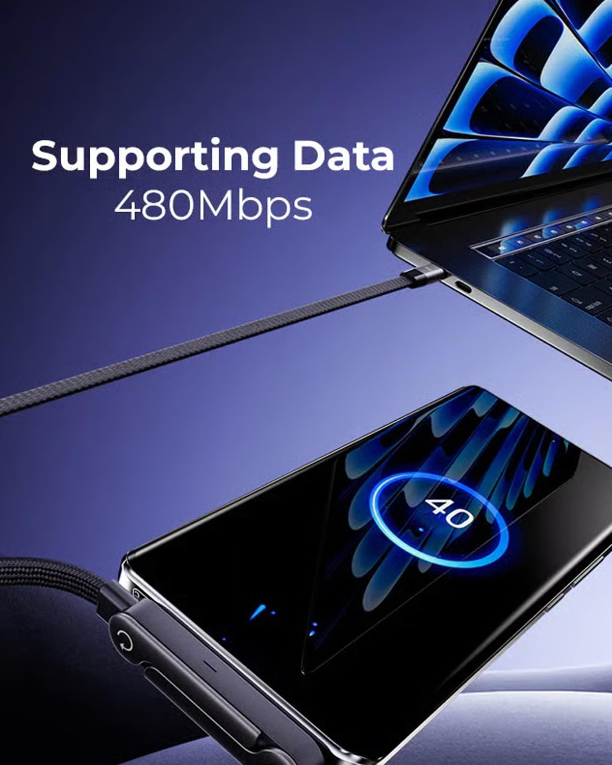 Cavo di ricarica invisibile 2 in 1, 240 W, cavo di ricarica rapida con supporto integrato per telefono, multi nylon intrecciato con supporto pieghevole nascosto a 360°, tipo C da 1,5 m, per