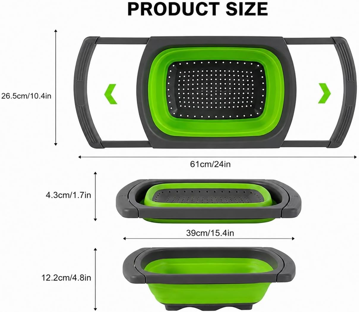 Collapsible Silicone Colander Set, 3-Piece Kitchen Strainer Set with Extendable Handles, BPA-Free, Space Saving