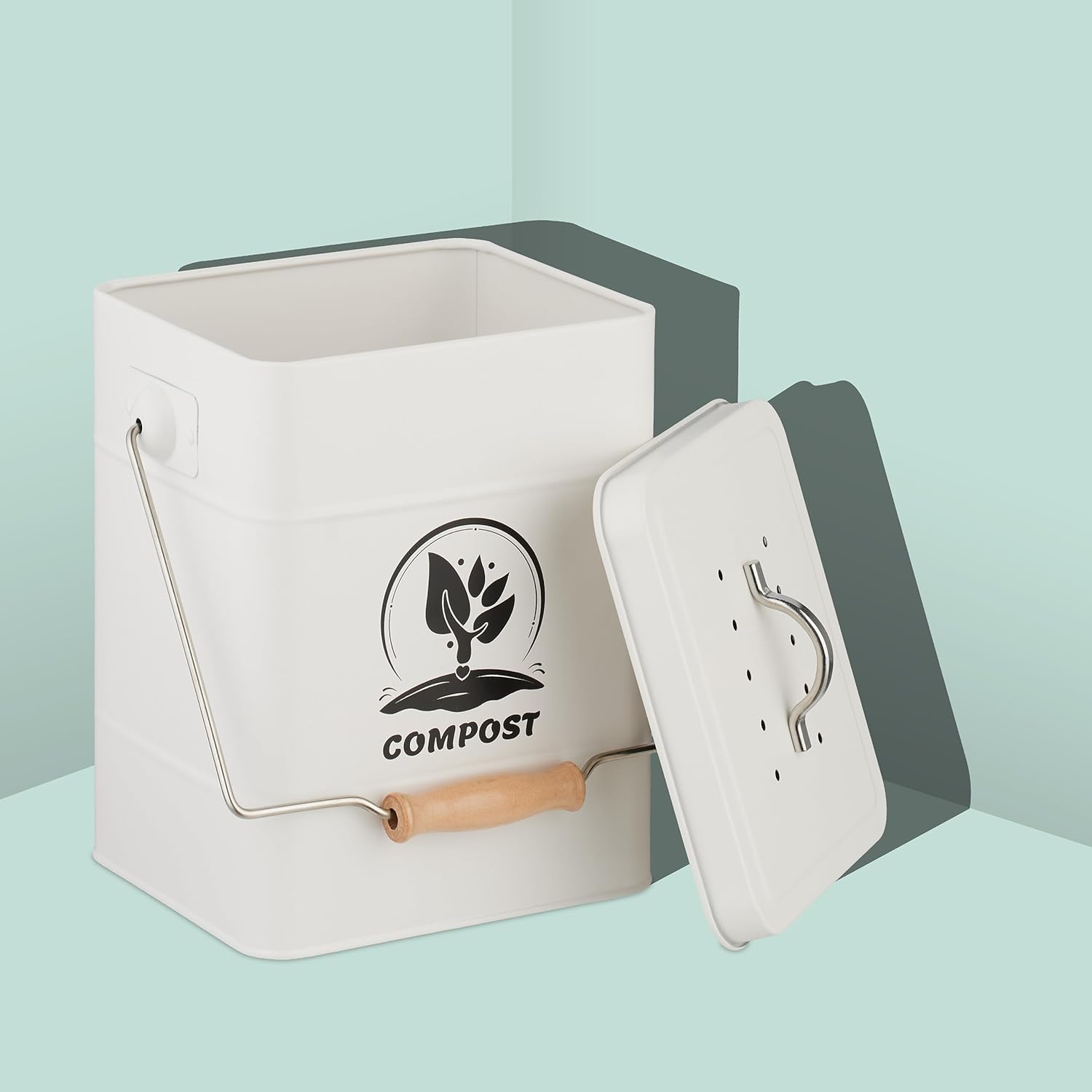 Relaxdays Kitchen Compost Bin, 6 litres, Small Rubbish Bin, Lid and Odour Filter, Metal, Waste Bin, Organic Waste, White