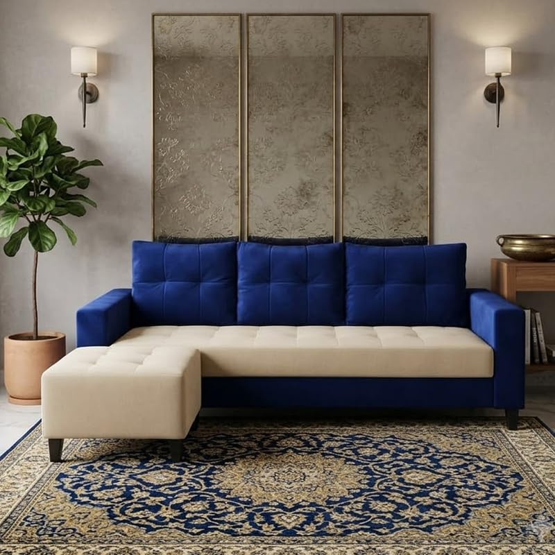 Hayden Dual Tone Plush 4 Seater L Shape Sofa Set with Movable Ottoman| Flexible Left or Right Layout | Silken Velvet Suede| for Living Rooms & Office Spaces (Dark Blue & Cream)-image-49