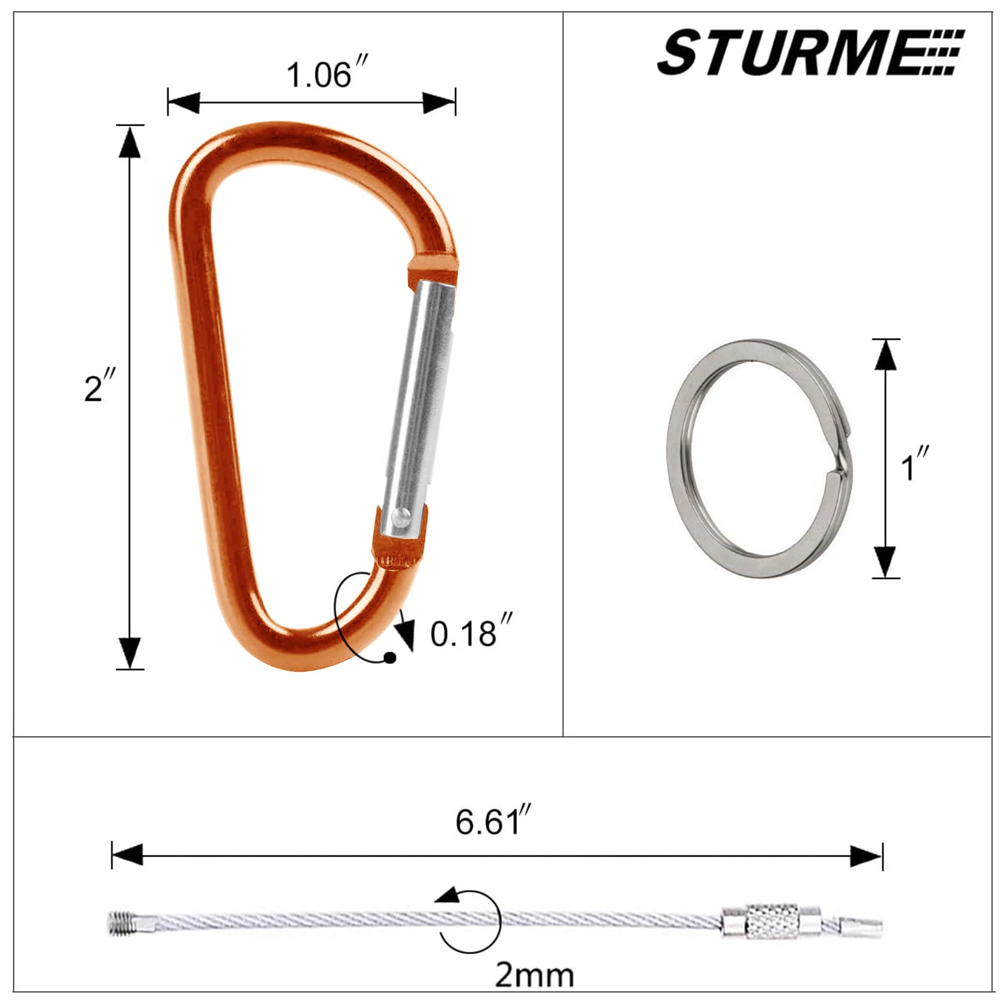 Condition photo showing New/Like New for sturme 2" aluminum d ring carabiners clip d shape spring loaded gate small keychain carabiner clip set for outdoor camping mini lock snap hooks spring link key chain durable improved 24 pcs (orange)