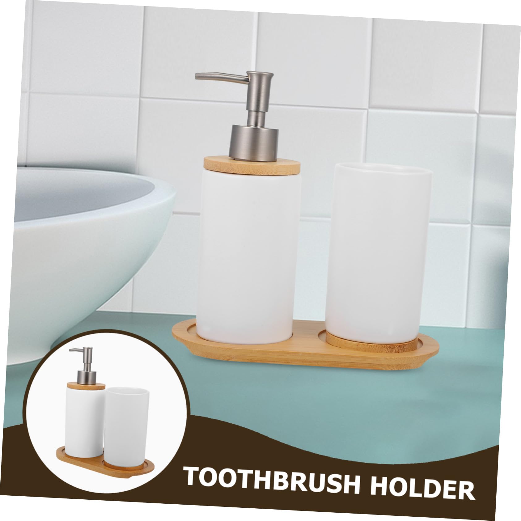 Garneck Conjunto de Accesorios de Baño en Cerámica de Color Claro Dispensador Manual de Loción y Vaso para Cepillo de Dientes, Diseño Sencillo y Práctico para Baño Familiar