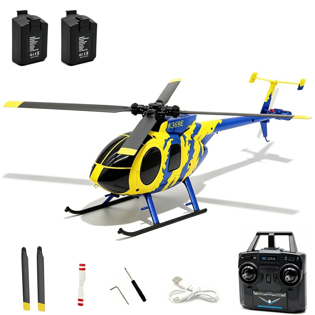 RC ERA C184 MD500 RC Helicopter, 2.4G 4CH Brushless RC Helicopter with Optical Positioning, 6-Axis Groy Military Aircraft Model for Adults - 2 Battery