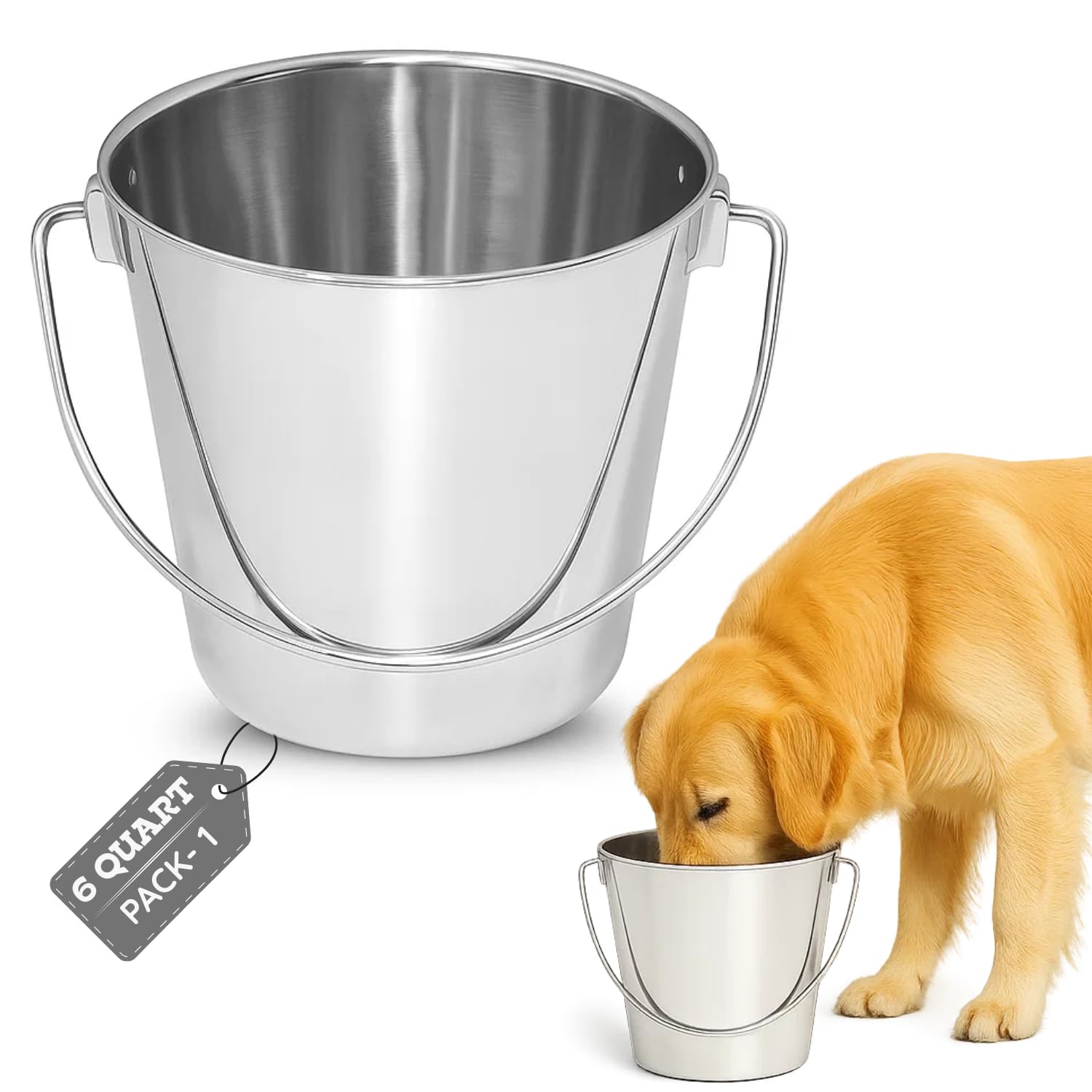 AASPIRE PETS 6 quart Heavy Duty Stainless Steel Round Bucket with Handle | 1.5 gal Sturdy Food & Water Bowl for XL Dogs Cats Goat sheep & Livestock |