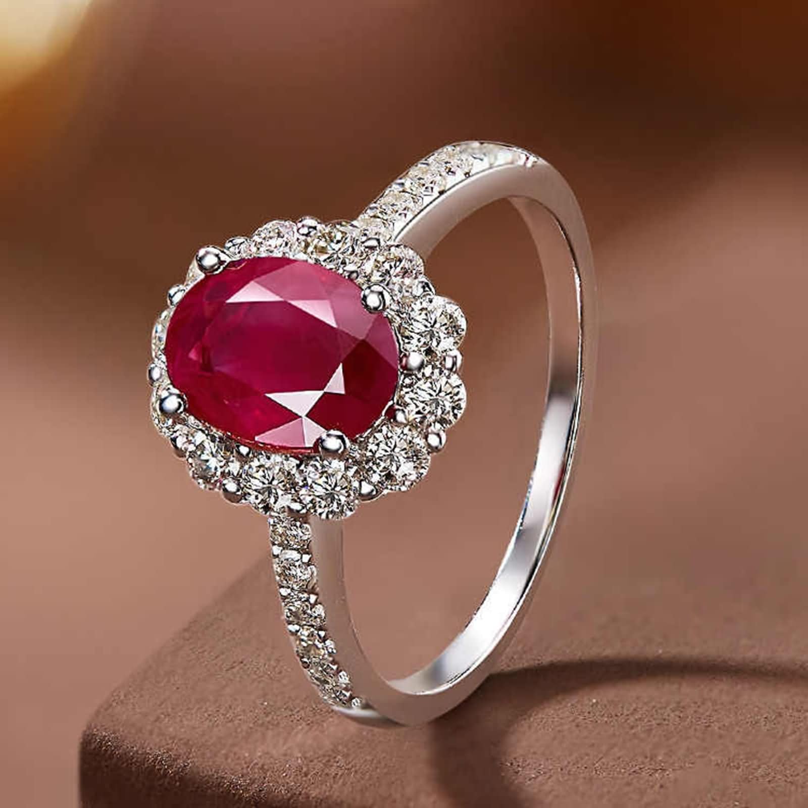 Obrączki ślubne Białe złoto damskie 18 Kt 750, kwiat i 4 szczęki owalne z 1,1 ct rubinem i diamentem, damskie srebrne czerwone pierścionki zaręczynowe, rozmiar 11 (51 mm)