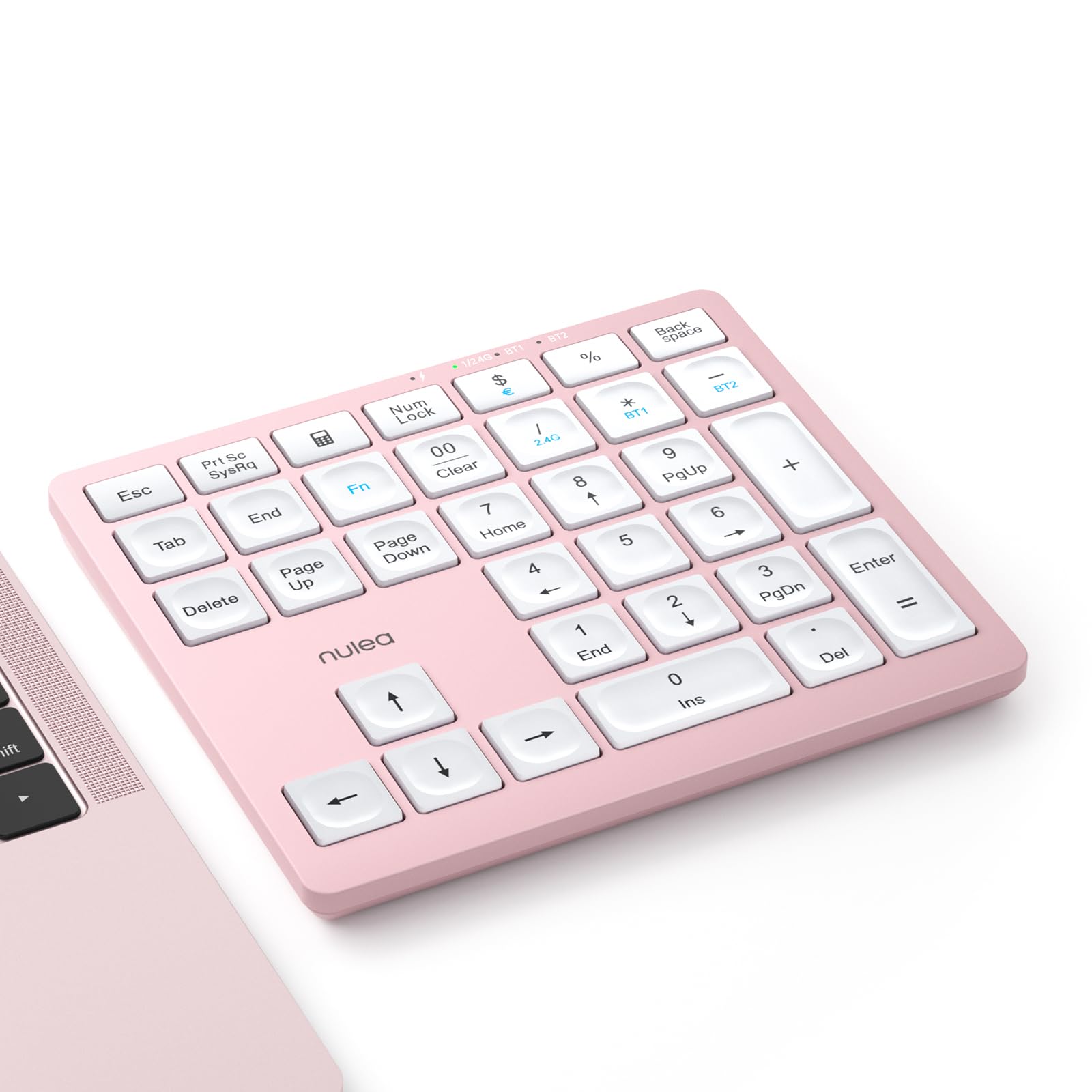 Nulea Wireless Number Pad Bluetooth 5.0 & 2.4G Portable Numeric Keyboard, USB-C Rechargeable, 34-Keys Bluetooth Keyboard for Data Entry (Pink)