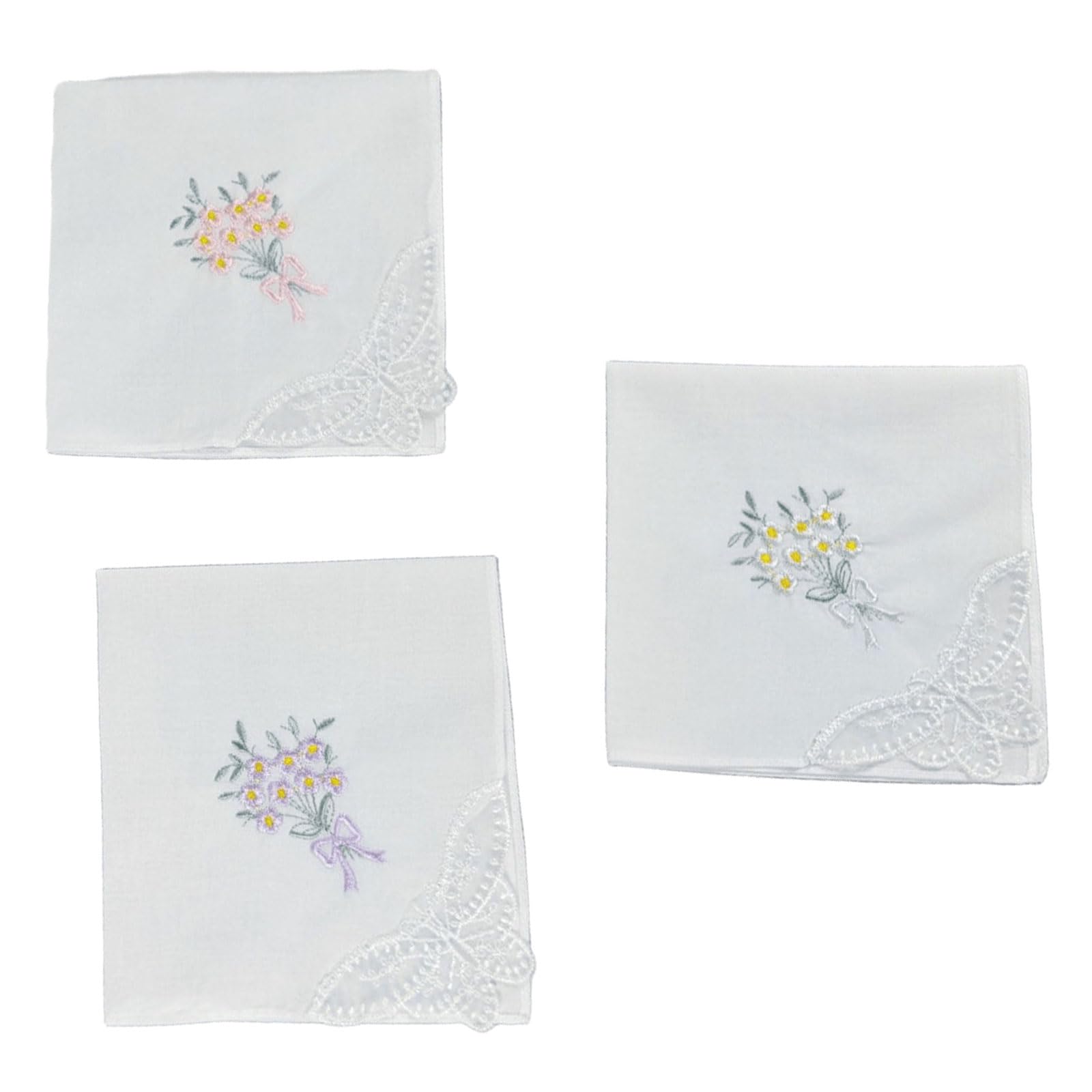 CAZSTYK Soft Cotton Handkerchief Wtih Embroidered Colored Floral Pattern and Butterfly Lace Edges Hanky Pocket Square Lace Handkerchief