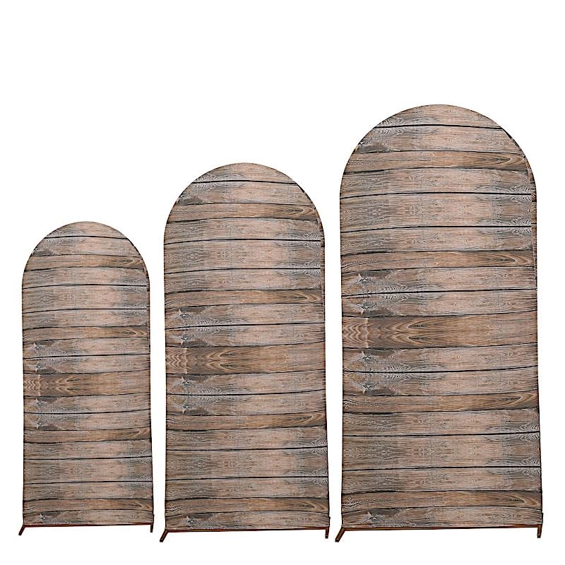 3 Brown Spandex Fitted Round Top Wedding Arch Backdrop Stand Covers Set Wooden Design Party Events Decorations Supplies