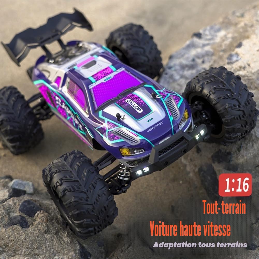 Voiture télécommandée 50 km/h, voiture de course tout-terrain 1/16 RC haute vitesse tout-terrain, moteur 2,4 G, balai de charbon 4 WD, pour adulte, 3 batteries (violet)